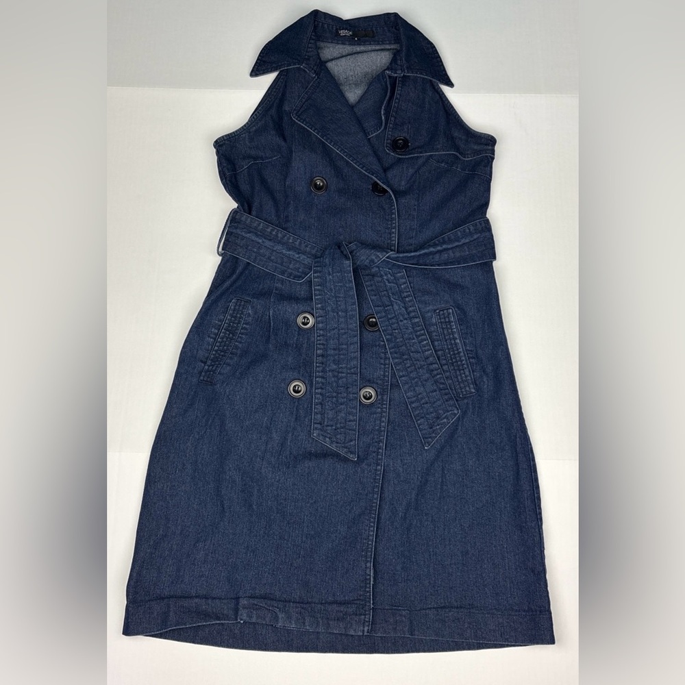 Vesade Women Size 4 Dress Denim Blue Mini Button Up Tie Waist Sleeveless Collar